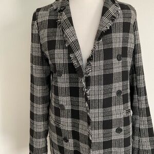 Carolina Belle Plaid Fringe Trim Open Front Blazer Jacket Black White US Small